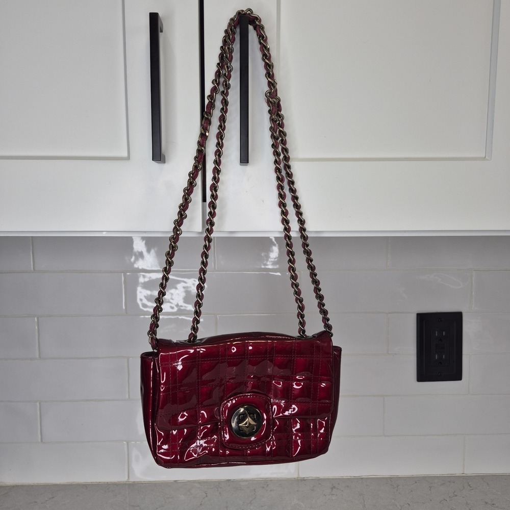 Russell & Bromley Red Patent Leather Quilted‎ Shoulder Bag Quilty Chain Strap